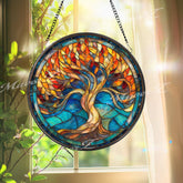 Fiery Tree of Life Stained Glass Suncatcher, Round Blue and Orange Window Panel, Spiritual Nature Inspired Glass Art Home Decor Gift